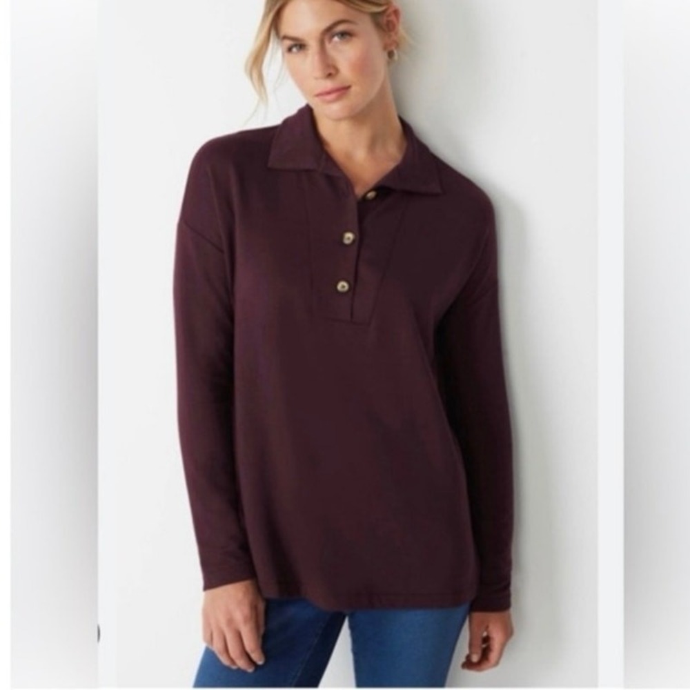 J. Jill Tranquility Fleece Top Womens XL Navy Blue 3 Button Collar Pullover Top